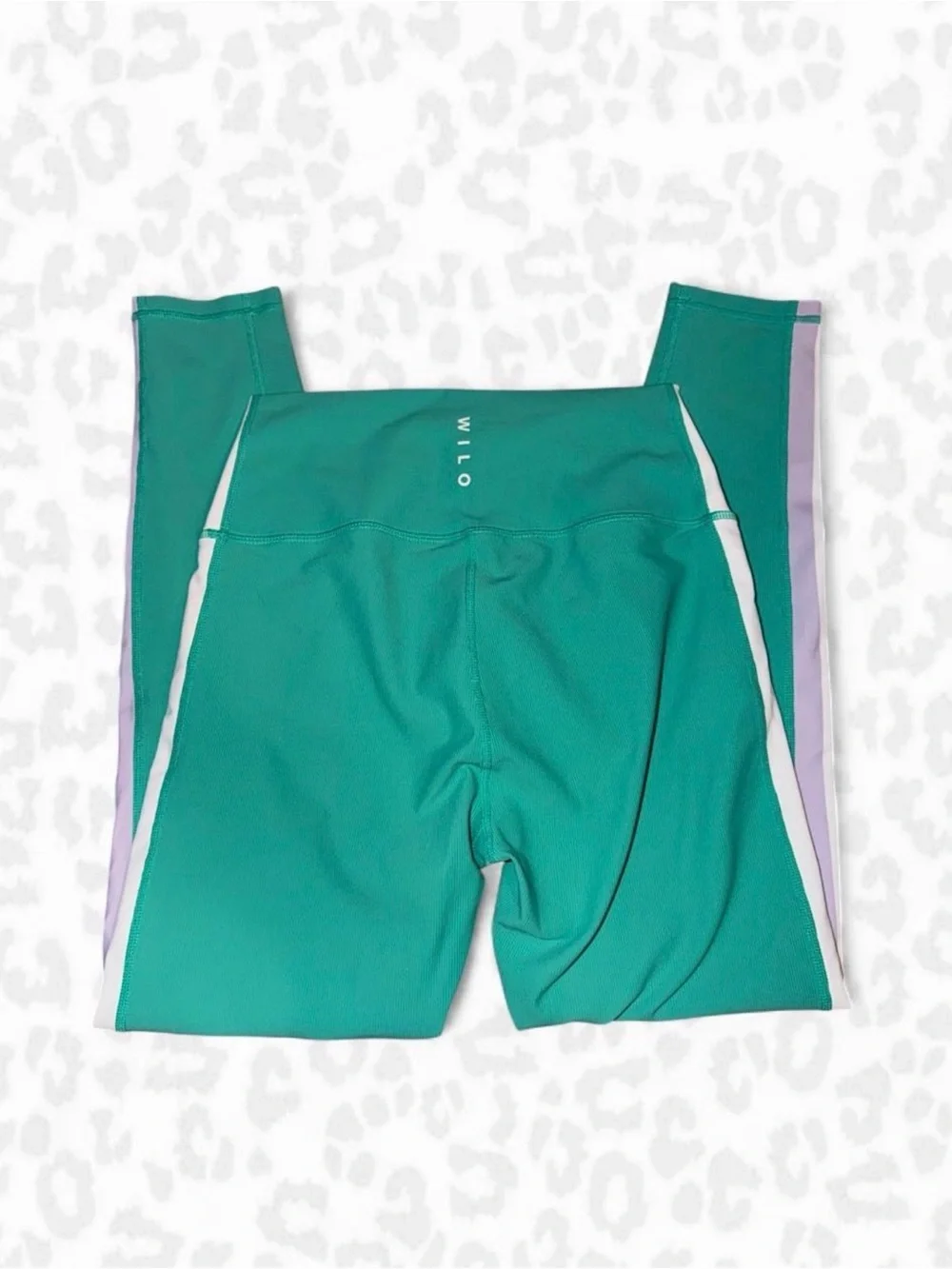 Wilo The Label Teal Active Leggings with White & Lavender Stripes, Size Medium